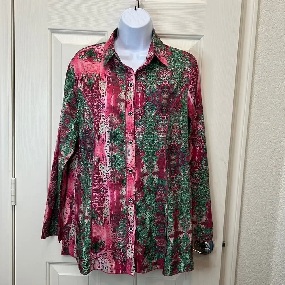 Misslook Blouse Size Medium Collar Button Front Long Sleeve Slimming Pink Green